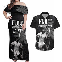 Custom Fiji Rugby Pacific Champions 2024 Couples Matching Off Shoulder Maxi Dress and Hawaiian Shirt Anniversary 7 Titles - Fijians Rugby and Tapa Hibiscus Black Art LT03 Black - Polynesian Pride
