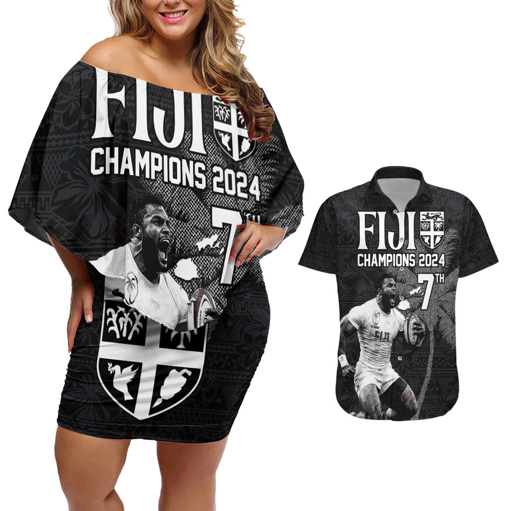 Custom Fiji Rugby Pacific Champions 2024 Couples Matching Off Shoulder Short Dress and Hawaiian Shirt Anniversary 7 Titles - Fijians Rugby and Tapa Hibiscus Black Art