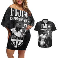 Custom Fiji Rugby Pacific Champions 2024 Couples Matching Off Shoulder Short Dress and Hawaiian Shirt Anniversary 7 Titles - Fijians Rugby and Tapa Hibiscus Black Art LT03 Black - Polynesian Pride