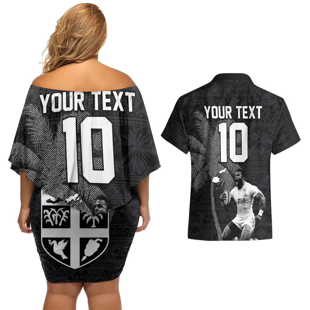 Custom Fiji Rugby Pacific Champions 2024 Couples Matching Off Shoulder Short Dress and Hawaiian Shirt Anniversary 7 Titles - Fijians Rugby and Tapa Hibiscus Black Art LT03 - Polynesian Pride