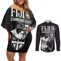 Custom Fiji Rugby Pacific Champions 2024 Couples Matching Off Shoulder Short Dress and Long Sleeve Button Shirt Anniversary 7 Titles - Fijians Rugby and Tapa Hibiscus Black Art LT03 Black - Polynesian Pride
