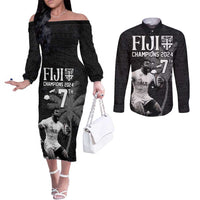 Custom Fiji Rugby Pacific Champions 2024 Couples Matching Off The Shoulder Long Sleeve Dress and Long Sleeve Button Shirt Anniversary 7 Titles - Fijians Rugby and Tapa Hibiscus Black Art LT03 Black - Polynesian Pride