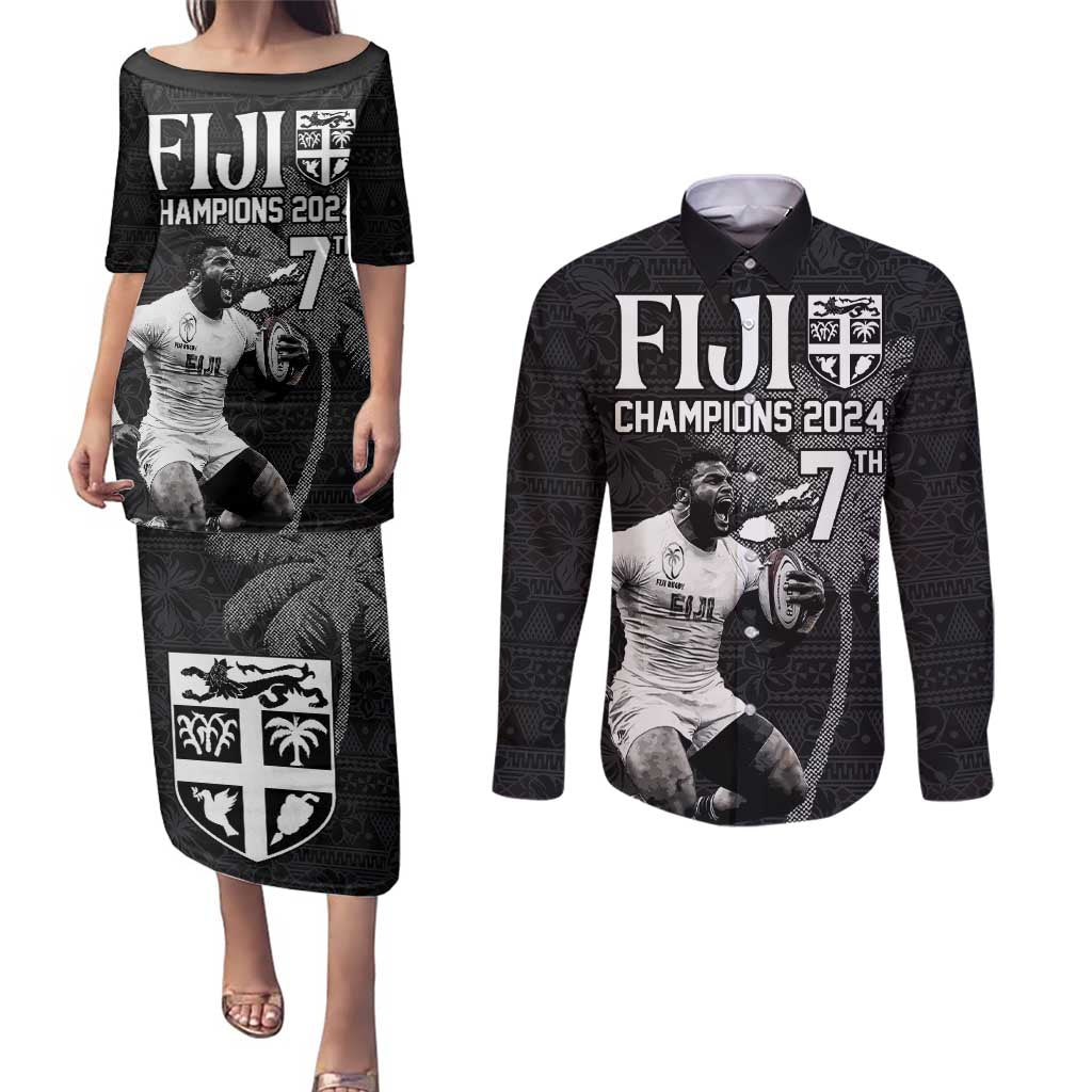 Custom Fiji Rugby Pacific Champions 2024 Couples Matching Puletasi and Long Sleeve Button Shirt Anniversary 7 Titles - Fijians Rugby and Tapa Hibiscus Black Art LT03 Black - Polynesian Pride