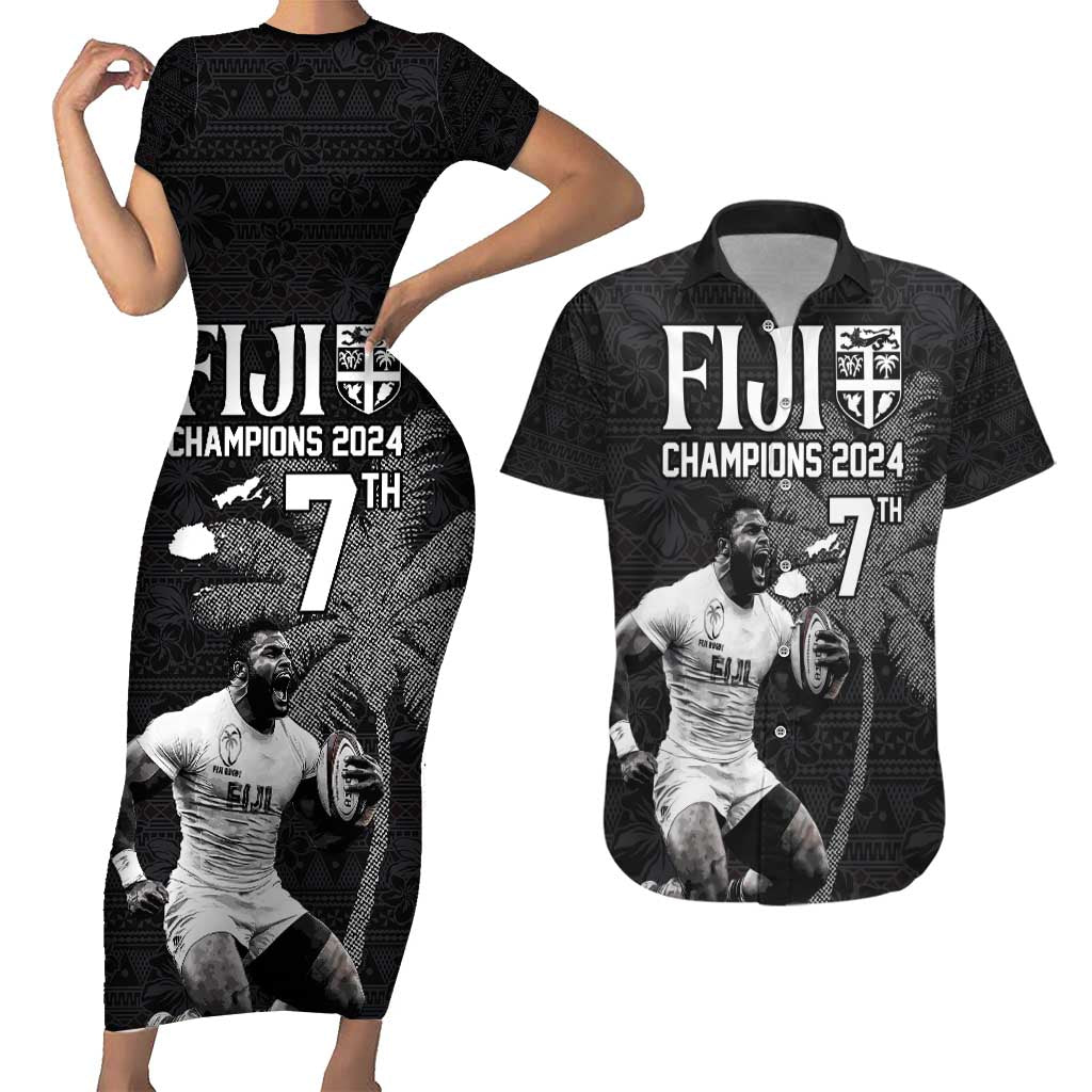 Custom Fiji Rugby Pacific Champions 2024 Couples Matching Short Sleeve Bodycon Dress and Hawaiian Shirt Anniversary 7 Titles - Fijians Rugby and Tapa Hibiscus Black Art