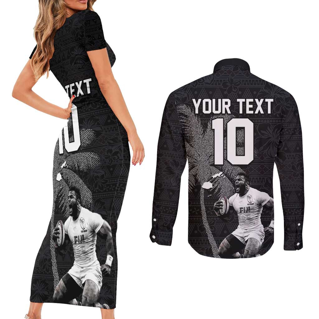 Custom Fiji Rugby Pacific Champions 2024 Couples Matching Short Sleeve Bodycon Dress and Long Sleeve Button Shirt Anniversary 7 Titles - Fijians Rugby and Tapa Hibiscus Black Art LT03 - Polynesian Pride