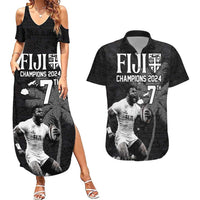 Custom Fiji Rugby Pacific Champions 2024 Couples Matching Summer Maxi Dress and Hawaiian Shirt Anniversary 7 Titles - Fijians Rugby and Tapa Hibiscus Black Art LT03 Black - Polynesian Pride