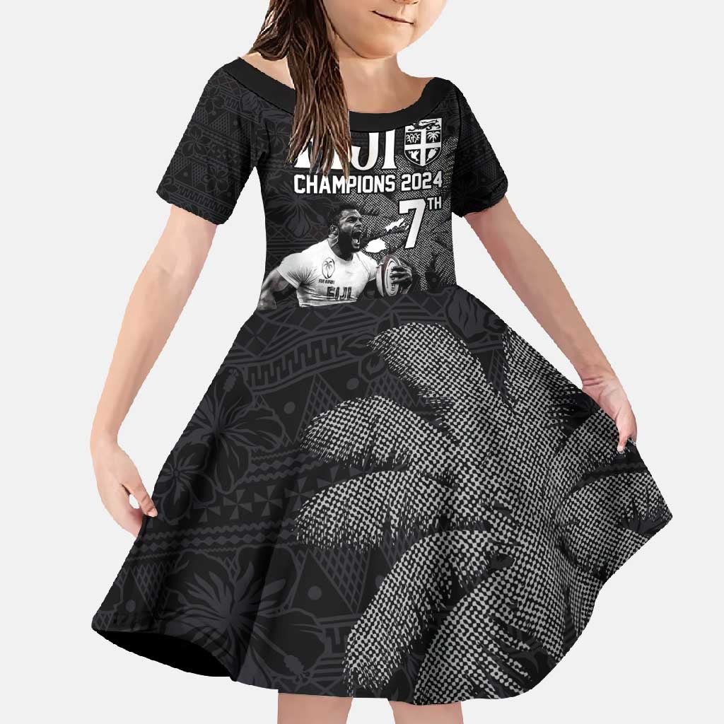 Custom Fiji Rugby Pacific Champions 2024 Family Matching Long Sleeve Bodycon Dress and Hawaiian Shirt Anniversary 7 Titles - Fijians Rugby and Tapa Hibiscus Black Art LT03 Daughter's Dress Black - Polynesian Pride
