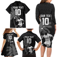 Custom Fiji Rugby Pacific Champions 2024 Family Matching Long Sleeve Bodycon Dress and Hawaiian Shirt Anniversary 7 Titles - Fijians Rugby and Tapa Hibiscus Black Art LT03 - Polynesian Pride