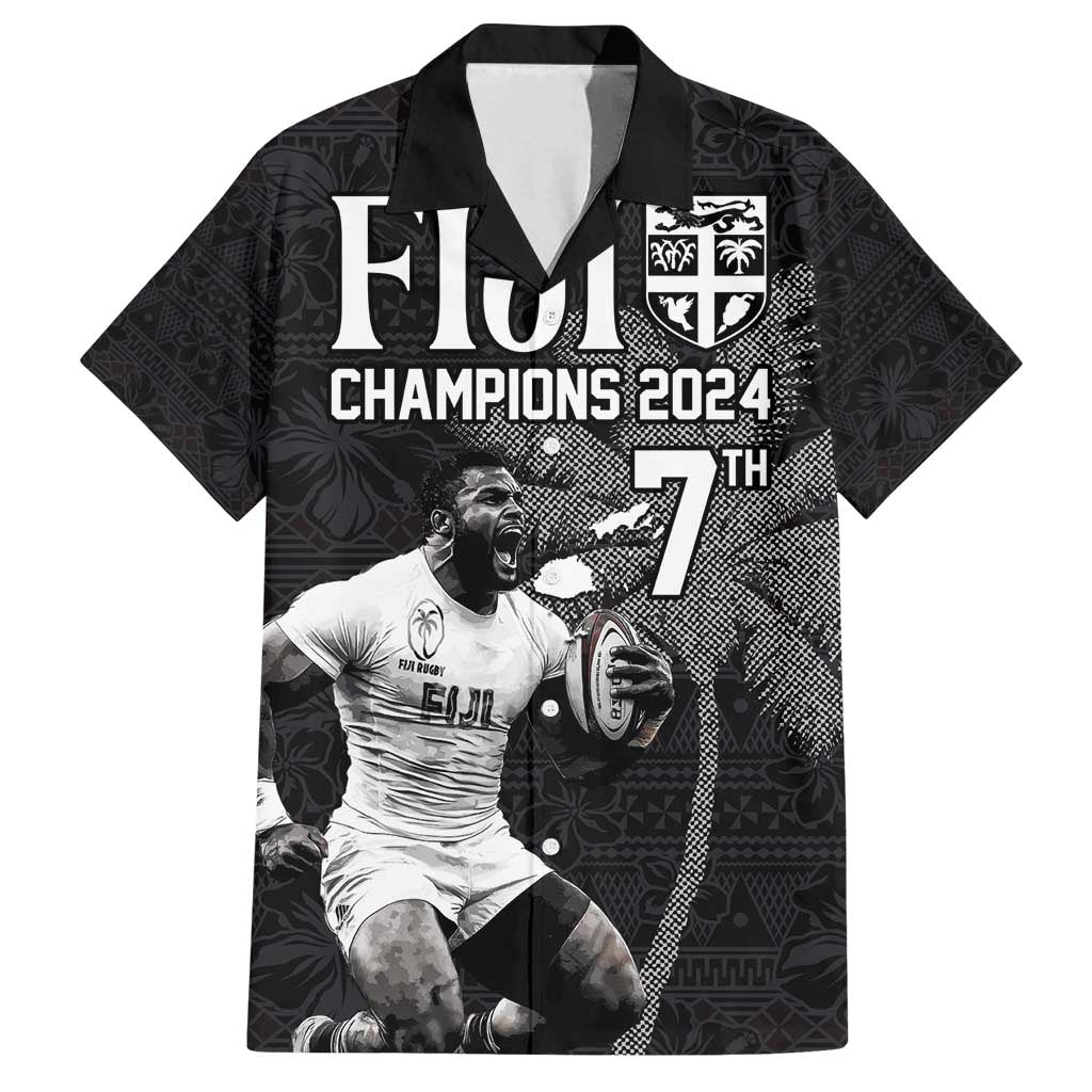 Custom Fiji Rugby Pacific Champions 2024 Family Matching Long Sleeve Bodycon Dress and Hawaiian Shirt Anniversary 7 Titles - Fijians Rugby and Tapa Hibiscus Black Art LT03 Dad's Shirt - Short Sleeve Black - Polynesian Pride