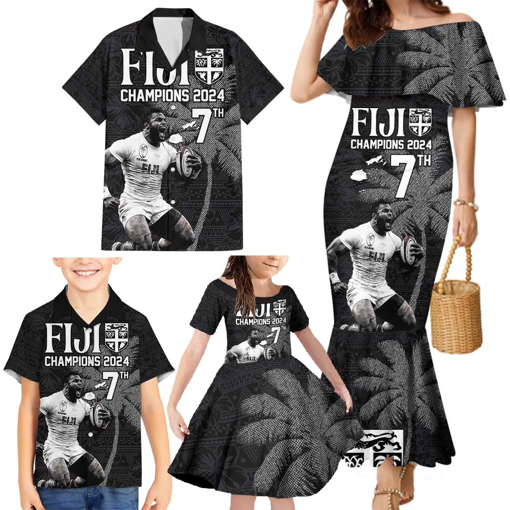 Custom Fiji Rugby Pacific Champions 2024 Family Matching Mermaid Dress and Hawaiian Shirt Anniversary 7 Titles - Fijians Rugby and Tapa Hibiscus Black Art LT03 - Polynesian Pride