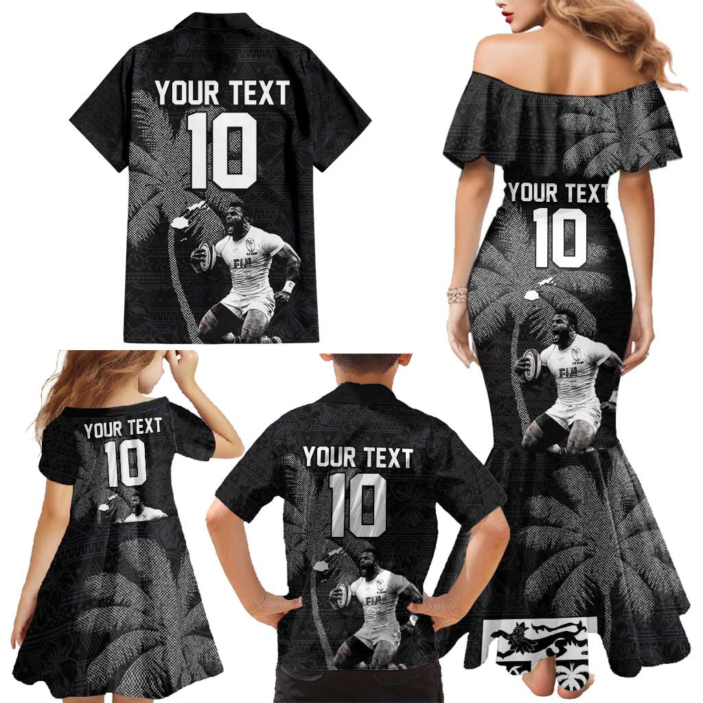Custom Fiji Rugby Pacific Champions 2024 Family Matching Mermaid Dress and Hawaiian Shirt Anniversary 7 Titles - Fijians Rugby and Tapa Hibiscus Black Art LT03 - Polynesian Pride