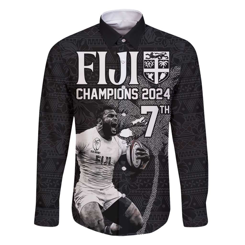 Custom Fiji Rugby Pacific Champions 2024 Family Matching Mermaid Dress and Hawaiian Shirt Anniversary 7 Titles - Fijians Rugby and Tapa Hibiscus Black Art LT03 Dad's Shirt - Long Sleeve Black - Polynesian Pride