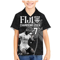 Custom Fiji Rugby Pacific Champions 2024 Family Matching Mermaid Dress and Hawaiian Shirt Anniversary 7 Titles - Fijians Rugby and Tapa Hibiscus Black Art LT03 Son's Shirt Black - Polynesian Pride