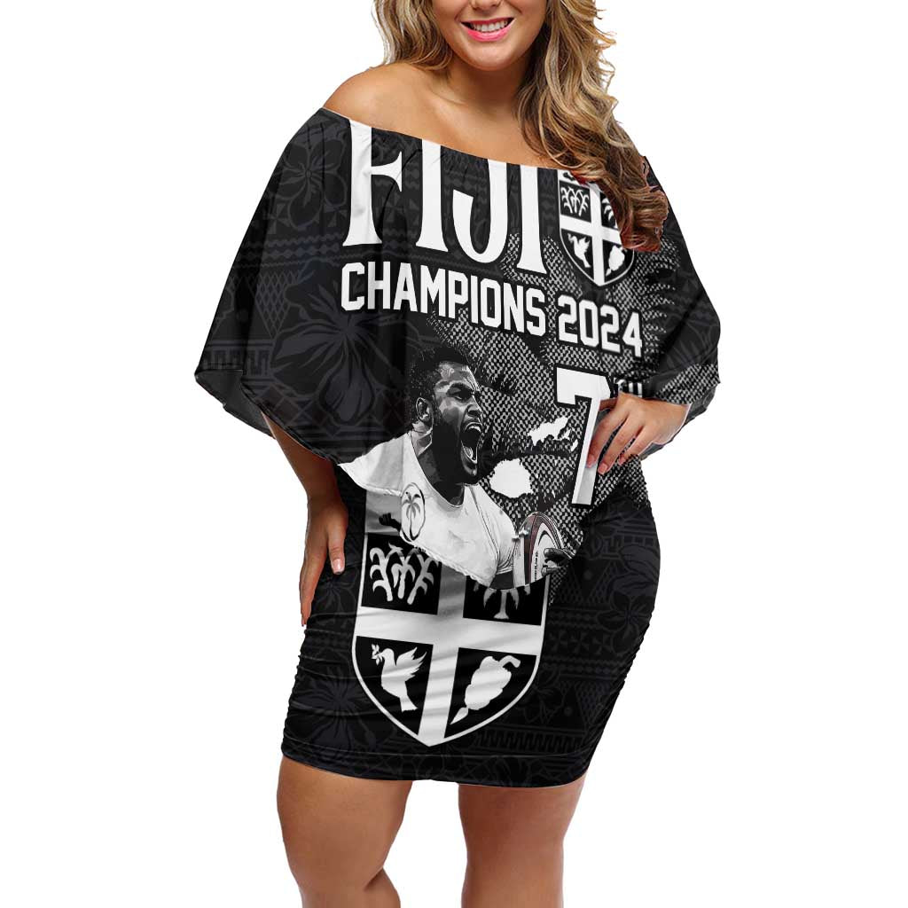Custom Fiji Rugby Pacific Champions 2024 Family Matching Off Shoulder Short Dress and Hawaiian Shirt Anniversary 7 Titles - Fijians Rugby and Tapa Hibiscus Black Art