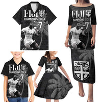 Custom Fiji Rugby Pacific Champions 2024 Family Matching Puletasi and Hawaiian Shirt Anniversary 7 Titles - Fijians Rugby and Tapa Hibiscus Black Art LT03 - Polynesian Pride
