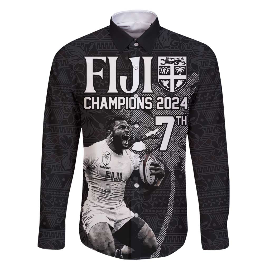 Custom Fiji Rugby Pacific Champions 2024 Family Matching Puletasi and Hawaiian Shirt Anniversary 7 Titles - Fijians Rugby and Tapa Hibiscus Black Art LT03 Dad's Shirt - Long Sleeve Black - Polynesian Pride