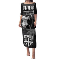 Custom Fiji Rugby Pacific Champions 2024 Family Matching Puletasi and Hawaiian Shirt Anniversary 7 Titles - Fijians Rugby and Tapa Hibiscus Black Art LT03 Mom's Dress Black - Polynesian Pride