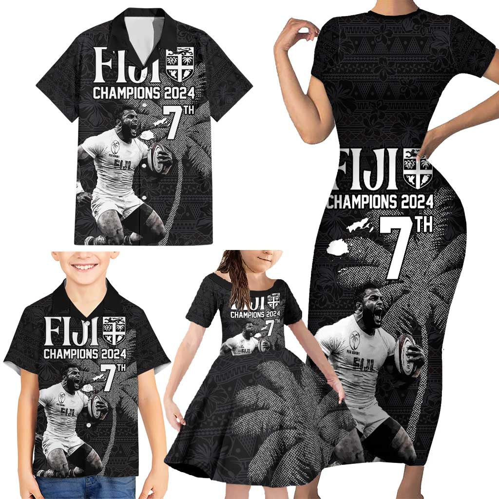 Custom Fiji Rugby Pacific Champions 2024 Family Matching Short Sleeve Bodycon Dress and Hawaiian Shirt Anniversary 7 Titles - Fijians Rugby and Tapa Hibiscus Black Art LT03 - Polynesian Pride