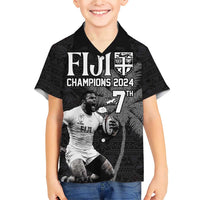 Custom Fiji Rugby Pacific Champions 2024 Family Matching Short Sleeve Bodycon Dress and Hawaiian Shirt Anniversary 7 Titles - Fijians Rugby and Tapa Hibiscus Black Art LT03 Son's Shirt Black - Polynesian Pride