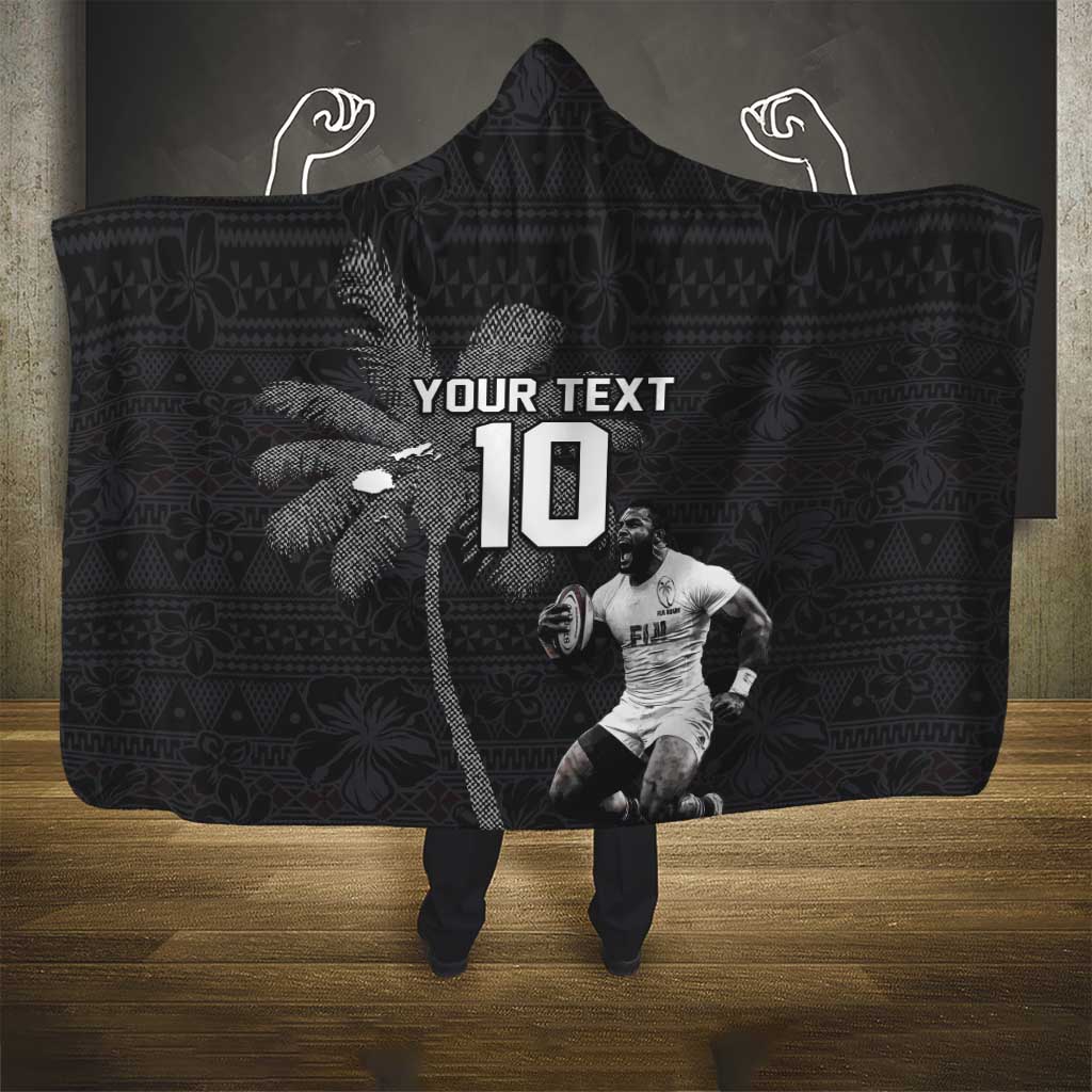 Custom Fiji Rugby Pacific Champions 2024 Hooded Blanket Anniversary 7 Titles - Fijians Rugby and Tapa Hibiscus Black Art LT03 - Polynesian Pride