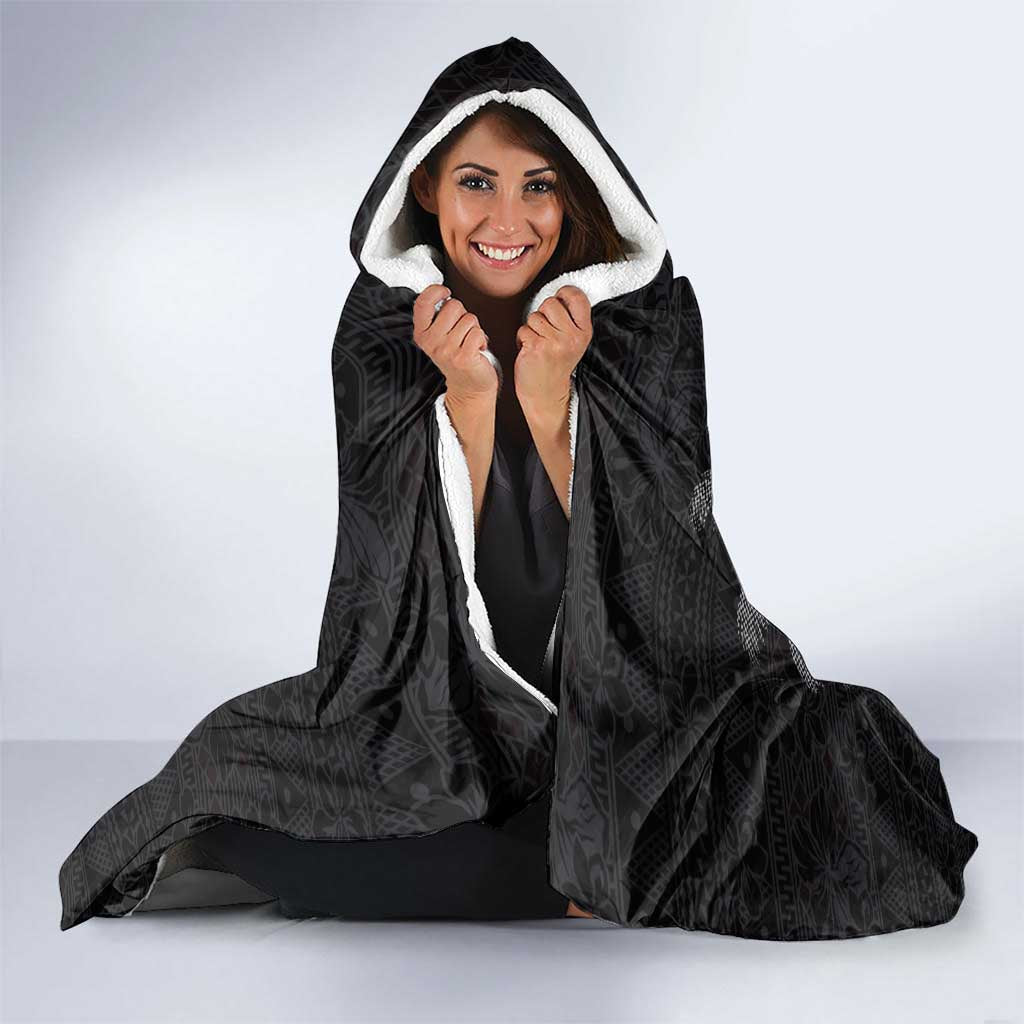Custom Fiji Rugby Pacific Champions 2024 Hooded Blanket Anniversary 7 Titles - Fijians Rugby and Tapa Hibiscus Black Art LT03 - Polynesian Pride