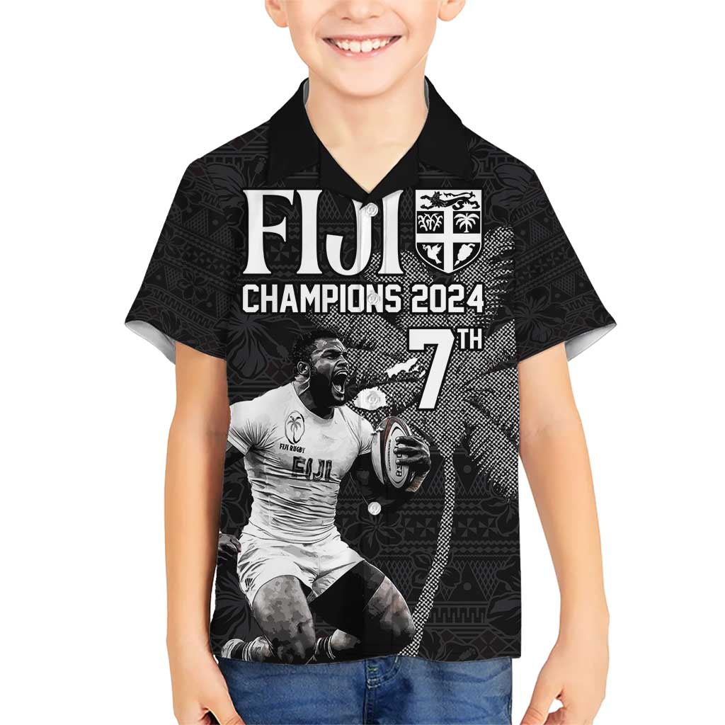 Custom Fiji Rugby Pacific Champions 2024 Kid Hawaiian Shirt Anniversary 7 Titles - Fijians Rugby and Tapa Hibiscus Black Art LT03 Kid Black - Polynesian Pride