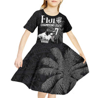 Custom Fiji Rugby Pacific Champions 2024 Kid Short Sleeve Dress Anniversary 7 Titles - Fijians Rugby and Tapa Hibiscus Black Art LT03 - Polynesian Pride