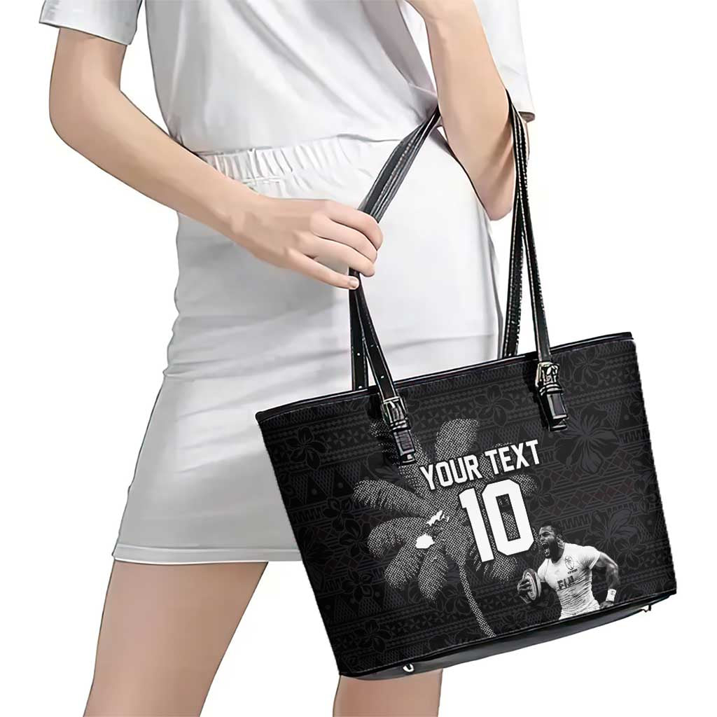 Custom Fiji Rugby Pacific Champions 2024 Leather Tote Bag Anniversary 7 Titles - Fijians Rugby and Tapa Hibiscus Black Art LT03 - Polynesian Pride