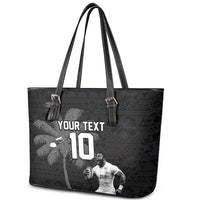 Custom Fiji Rugby Pacific Champions 2024 Leather Tote Bag Anniversary 7 Titles - Fijians Rugby and Tapa Hibiscus Black Art LT03 - Polynesian Pride