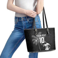 Custom Fiji Rugby Pacific Champions 2024 Leather Tote Bag Anniversary 7 Titles - Fijians Rugby and Tapa Hibiscus Black Art LT03 - Polynesian Pride