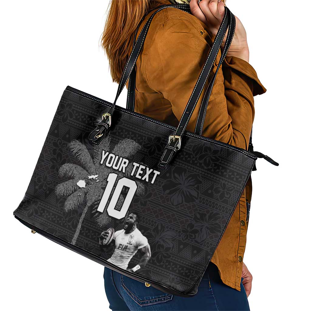 Custom Fiji Rugby Pacific Champions 2024 Leather Tote Bag Anniversary 7 Titles - Fijians Rugby and Tapa Hibiscus Black Art LT03 - Polynesian Pride