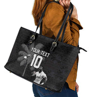 Custom Fiji Rugby Pacific Champions 2024 Leather Tote Bag Anniversary 7 Titles - Fijians Rugby and Tapa Hibiscus Black Art LT03 - Polynesian Pride