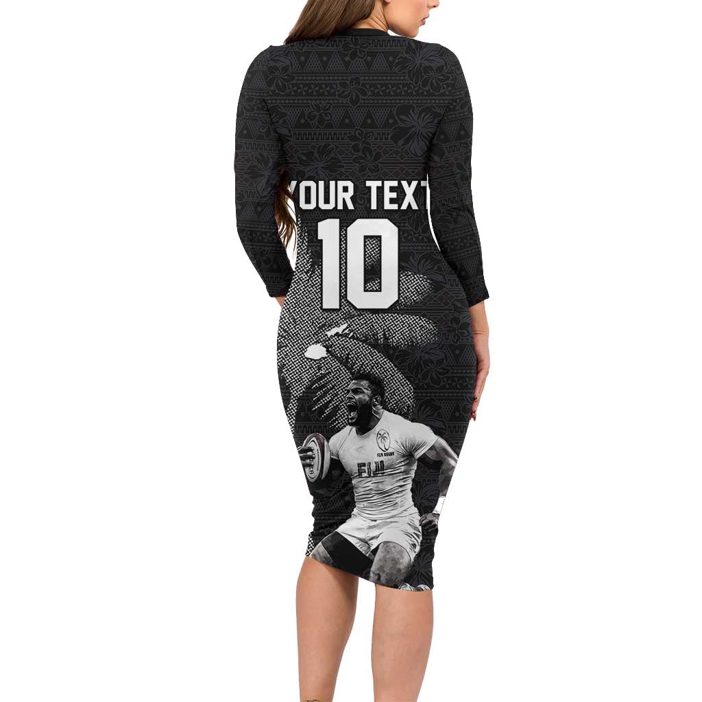 Custom Fiji Rugby Pacific Champions 2024 Long Sleeve Bodycon Dress Anniversary 7 Titles - Fijians Rugby and Tapa Hibiscus Black Art LT03 - Polynesian Pride
