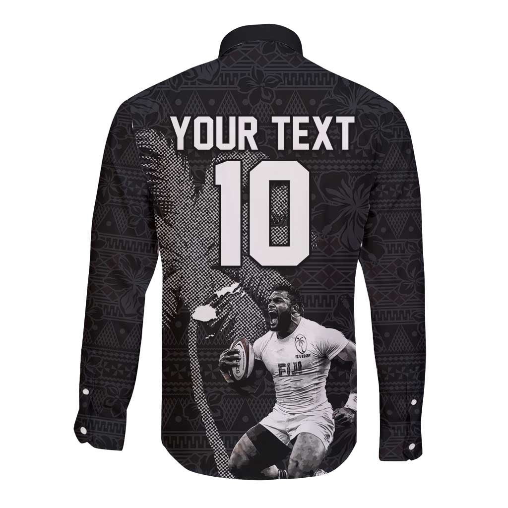 Custom Fiji Rugby Pacific Champions 2024 Long Sleeve Button Shirt Anniversary 7 Titles - Fijians Rugby and Tapa Hibiscus Black Art LT03 - Polynesian Pride
