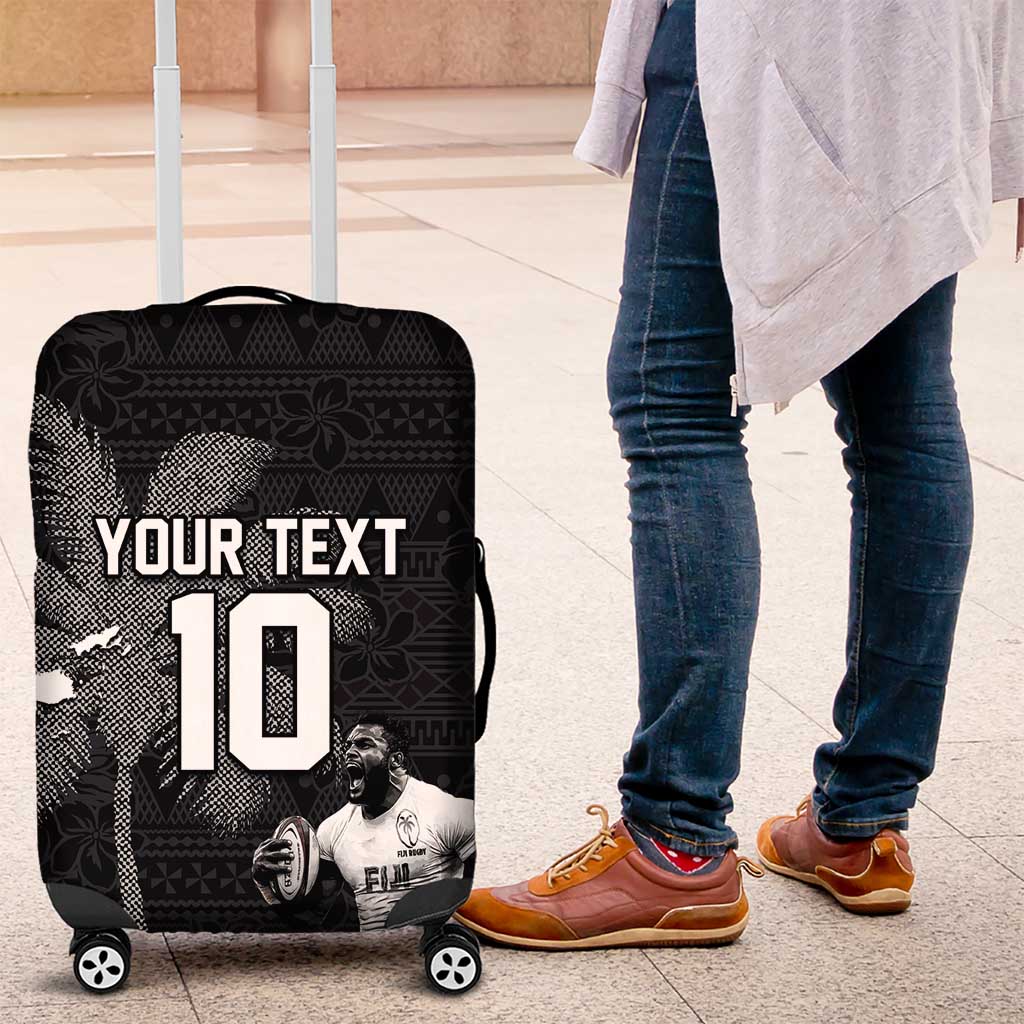 Custom Fiji Rugby Pacific Champions 2024 Luggage Cover Anniversary 7 Titles - Fijians Rugby and Tapa Hibiscus Black Art LT03 Black - Polynesian Pride