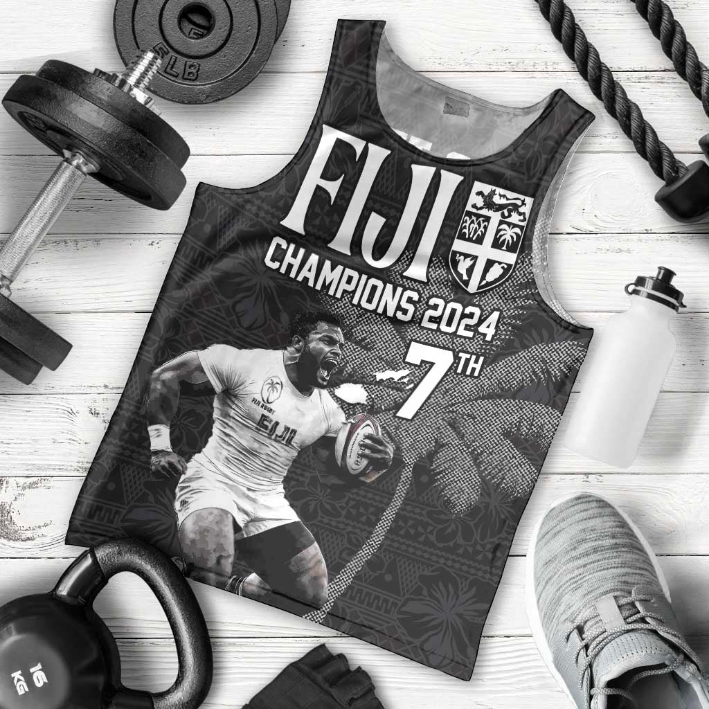Custom Fiji Rugby Pacific Champions 2024 Men Tank Top Anniversary 7 Titles - Fijians Rugby and Tapa Hibiscus Black Art LT03 - Polynesian Pride