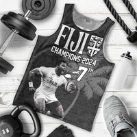Custom Fiji Rugby Pacific Champions 2024 Men Tank Top Anniversary 7 Titles - Fijians Rugby and Tapa Hibiscus Black Art LT03 - Polynesian Pride