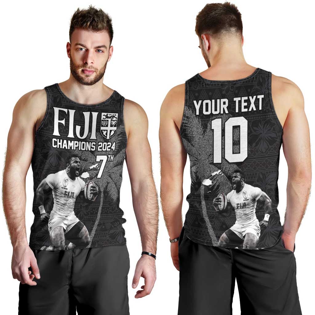 Custom Fiji Rugby Pacific Champions 2024 Men Tank Top Anniversary 7 Titles - Fijians Rugby and Tapa Hibiscus Black Art LT03 - Polynesian Pride