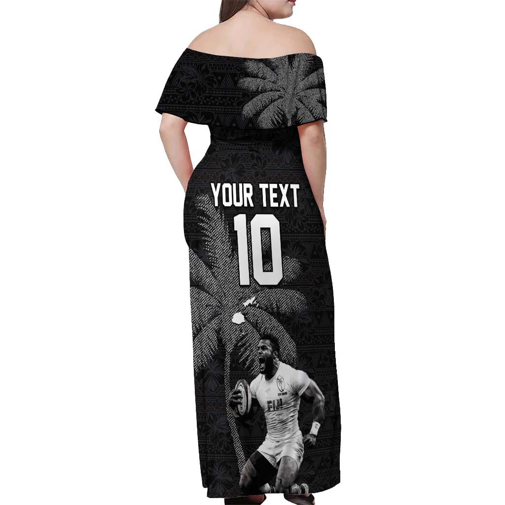 Custom Fiji Rugby Pacific Champions 2024 Off Shoulder Maxi Dress Anniversary 7 Titles - Fijians Rugby and Tapa Hibiscus Black Art LT03 - Polynesian Pride