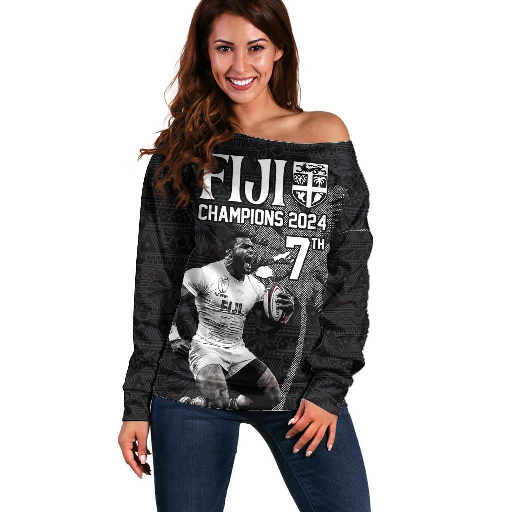 Custom Fiji Rugby Pacific Champions 2024 Off Shoulder Sweater Anniversary 7 Titles - Fijians Rugby and Tapa Hibiscus Black Art LT03 Women Black - Polynesian Pride