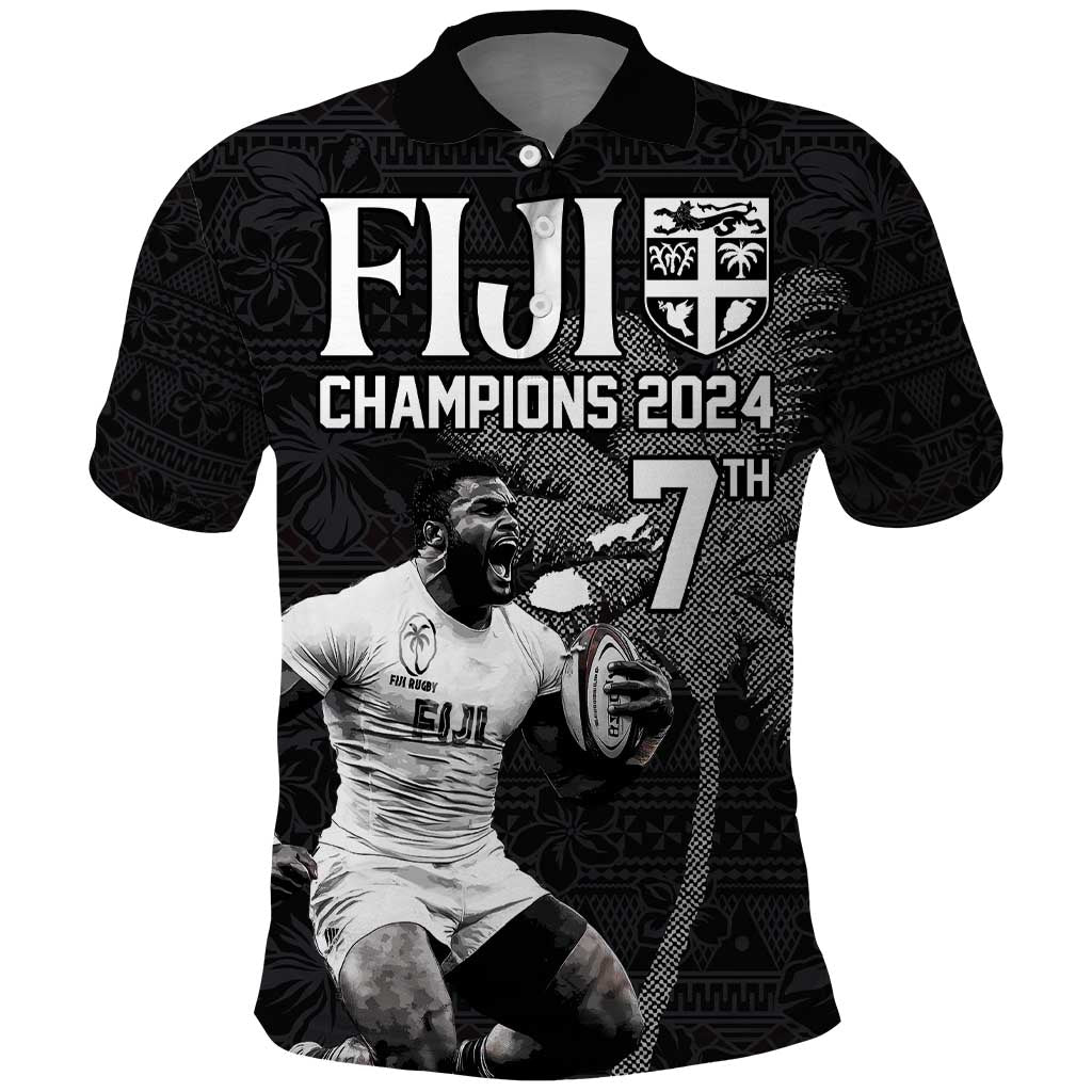 Custom Fiji Rugby Pacific Champions 2024 Polo Shirt Anniversary 7 Titles - Fijians Rugby and Tapa Hibiscus Black Art LT03 Black - Polynesian Pride