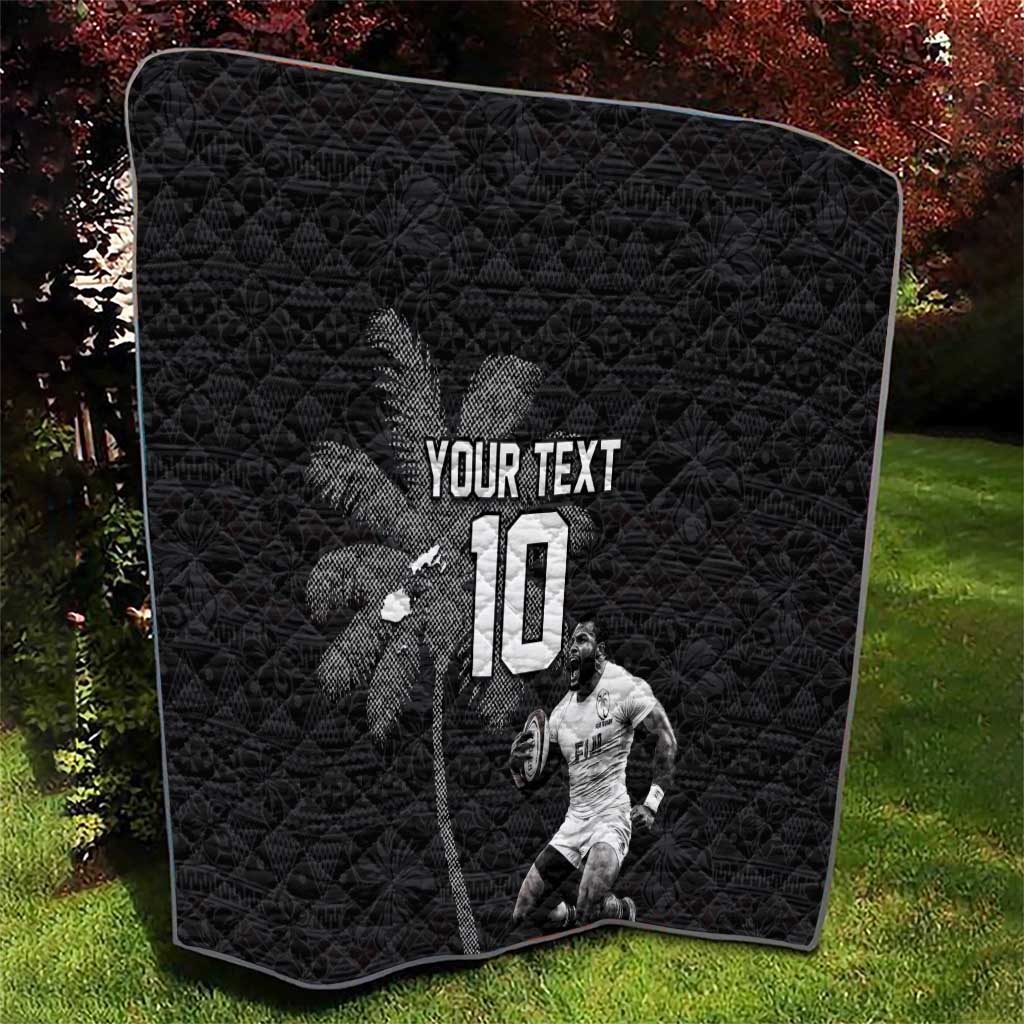 Custom Fiji Rugby Pacific Champions 2024 Quilt Anniversary 7 Titles - Fijians Rugby and Tapa Hibiscus Black Art LT03 - Polynesian Pride