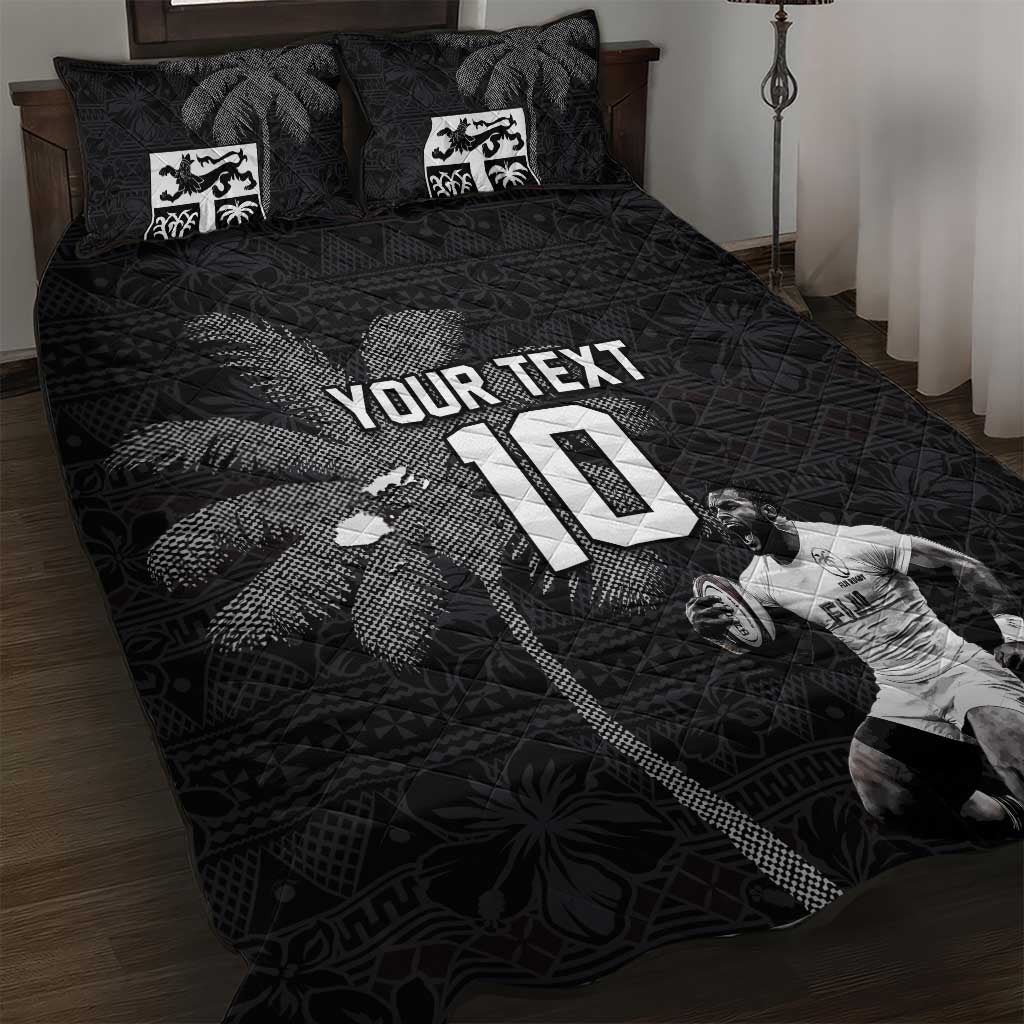 Custom Fiji Rugby Pacific Champions 2024 Quilt Bed Set Anniversary 7 Titles - Fijians Rugby and Tapa Hibiscus Black Art LT03 Black - Polynesian Pride