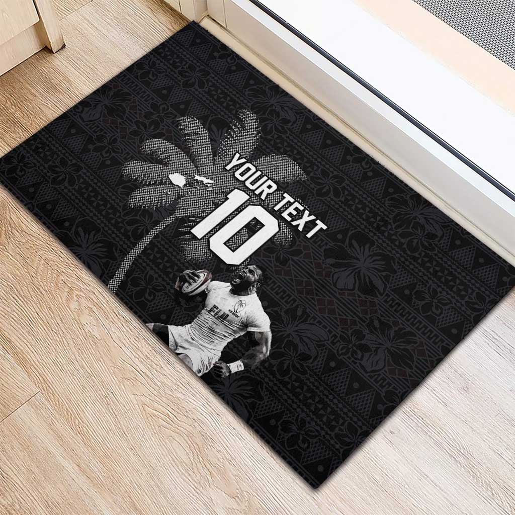 Custom Fiji Rugby Pacific Champions 2024 Rubber Doormat Anniversary 7 Titles - Fijians Rugby and Tapa Hibiscus Black Art LT03 - Polynesian Pride