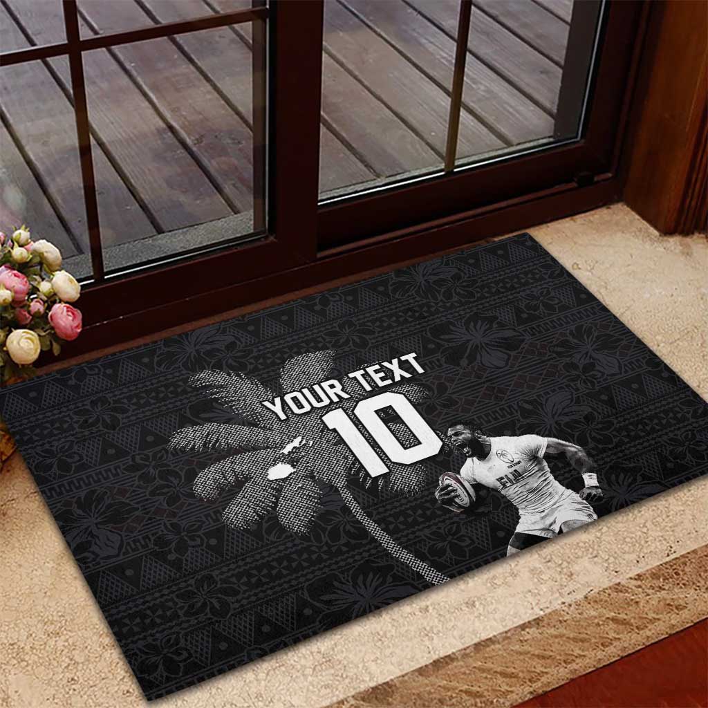 Custom Fiji Rugby Pacific Champions 2024 Rubber Doormat Anniversary 7 Titles - Fijians Rugby and Tapa Hibiscus Black Art LT03 - Polynesian Pride