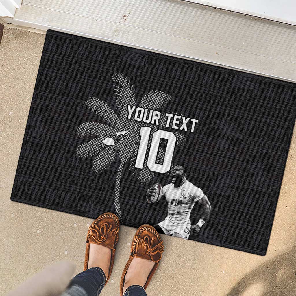 Custom Fiji Rugby Pacific Champions 2024 Rubber Doormat Anniversary 7 Titles - Fijians Rugby and Tapa Hibiscus Black Art LT03 - Polynesian Pride
