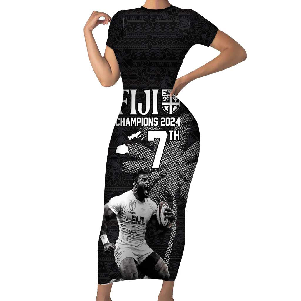 Custom Fiji Rugby Pacific Champions 2024 Short Sleeve Bodycon Dress Anniversary 7 Titles - Fijians Rugby and Tapa Hibiscus Black Art LT03 Long Dress Black - Polynesian Pride