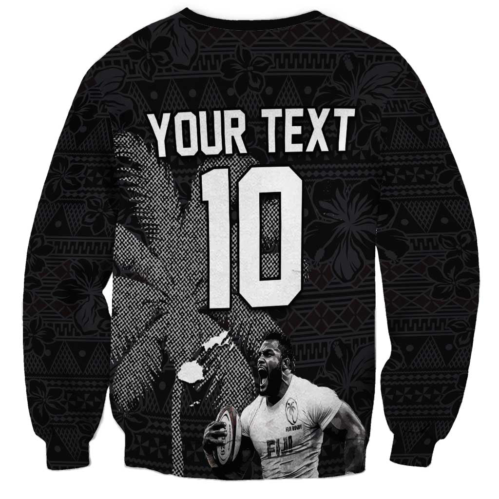 Custom Fiji Rugby Pacific Champions 2024 Sweatshirt Anniversary 7 Titles - Fijians Rugby and Tapa Hibiscus Black Art LT03 - Polynesian Pride