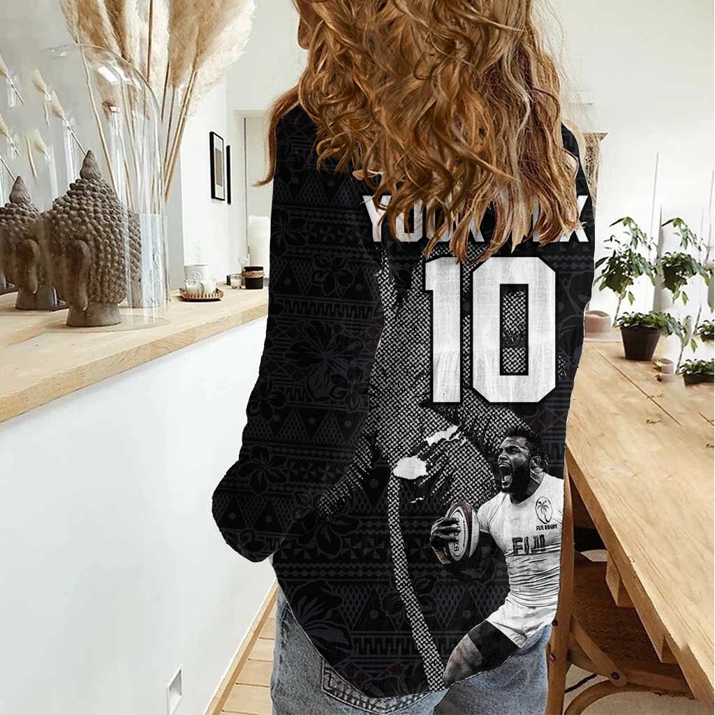 Custom Fiji Rugby Pacific Champions 2024 Women Casual Shirt Anniversary 7 Titles - Fijians Rugby and Tapa Hibiscus Black Art LT03 - Polynesian Pride