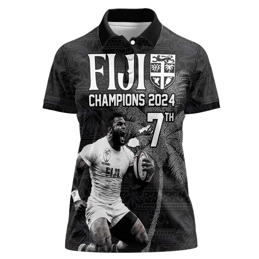 Custom Fiji Rugby Pacific Champions 2024 Women Polo Shirt Anniversary 7 Titles - Fijians Rugby and Tapa Hibiscus Black Art LT03 Female Black - Polynesian Pride